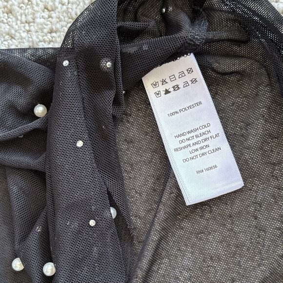 Womens Rhinestone Pearl Mesh See-through Long Sleeve Crop Tops Blouse Shirt Med - Picture 4 of 8